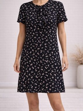 Ann Taylor Black Dress with White and Pink Floral Design